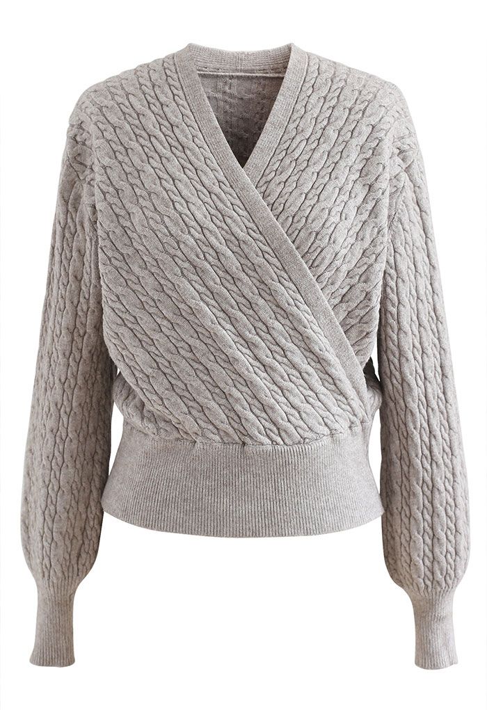 Cable Knit Wrap Front Crop Sweater in Linen