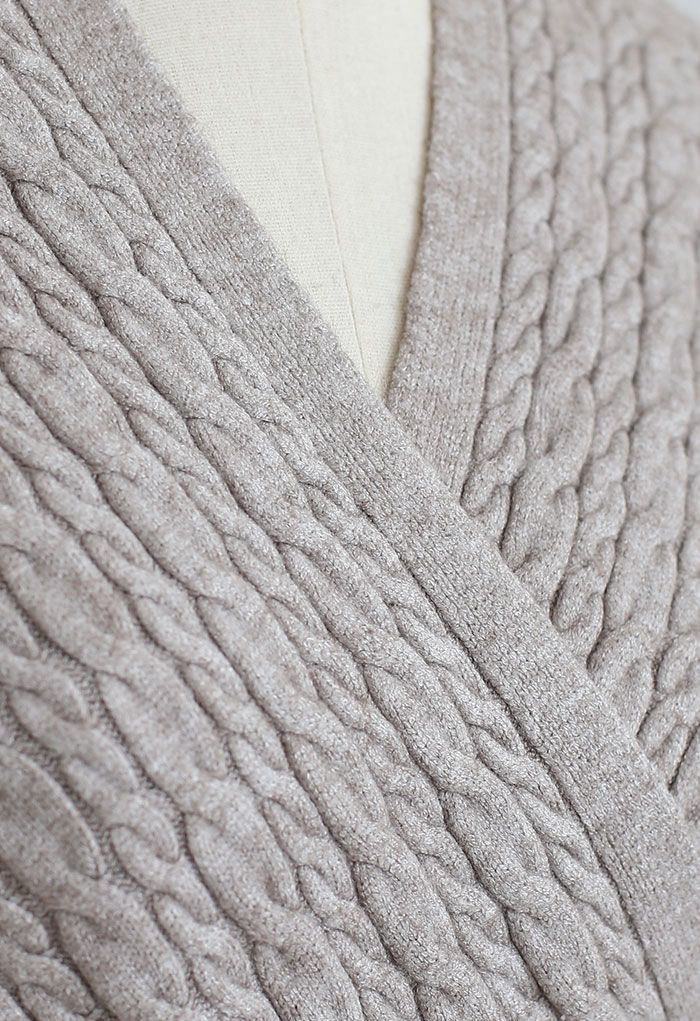 Cable Knit Wrap Front Crop Sweater in Linen