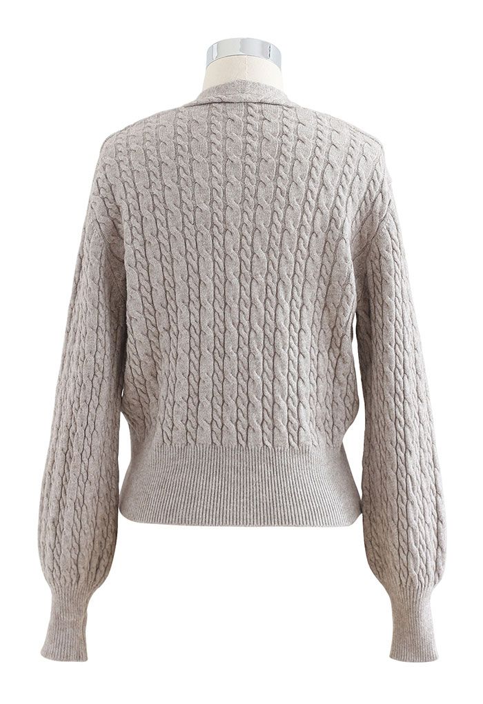Cable Knit Wrap Front Crop Sweater in Linen