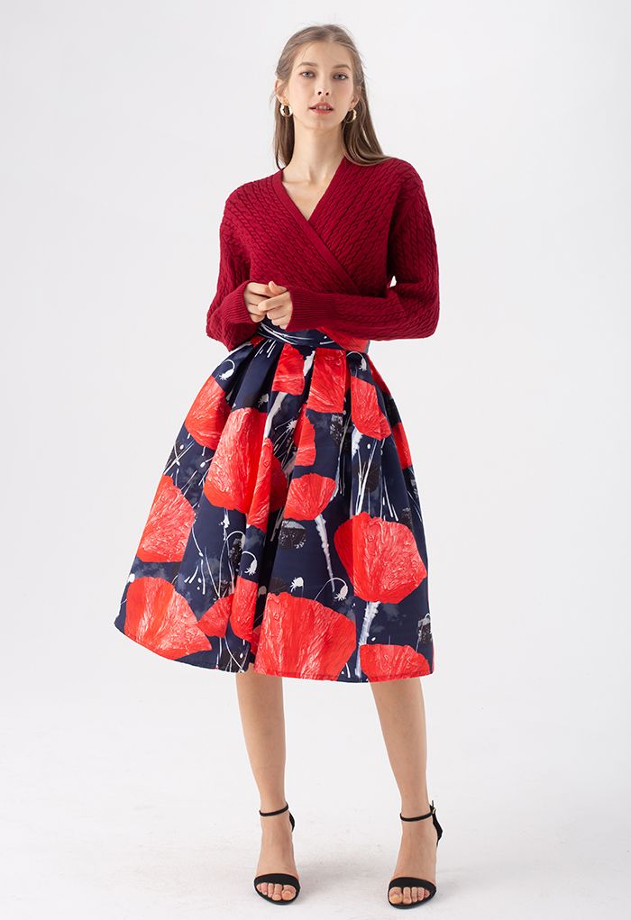 Cable Knit Wrap Front Crop Sweater in Red