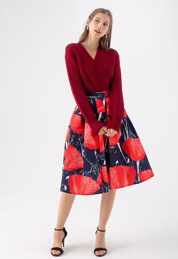 Cable Knit Wrap Front Crop Sweater in Red