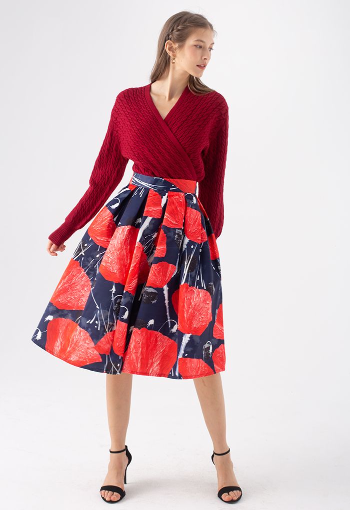Cable Knit Wrap Front Crop Sweater in Red