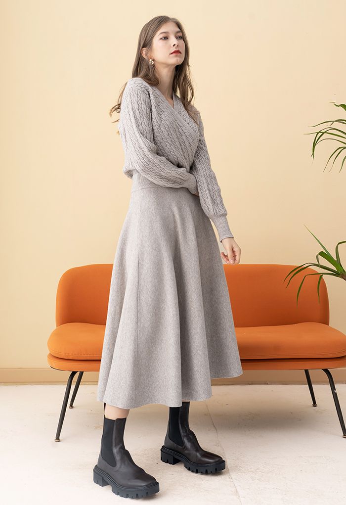 Cable Knit Wrap Front Crop Sweater in Linen