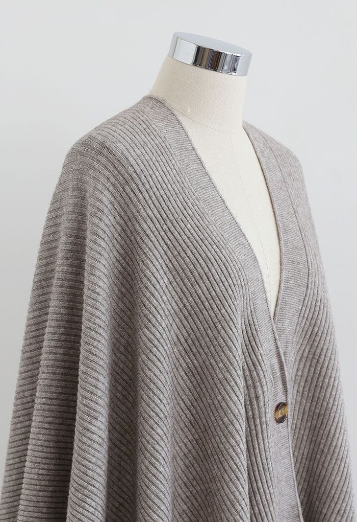 Buttoned Rib Knit Poncho Cape in Taupe