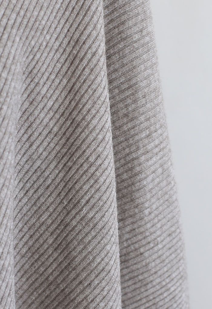 Buttoned Rib Knit Poncho Cape in Taupe