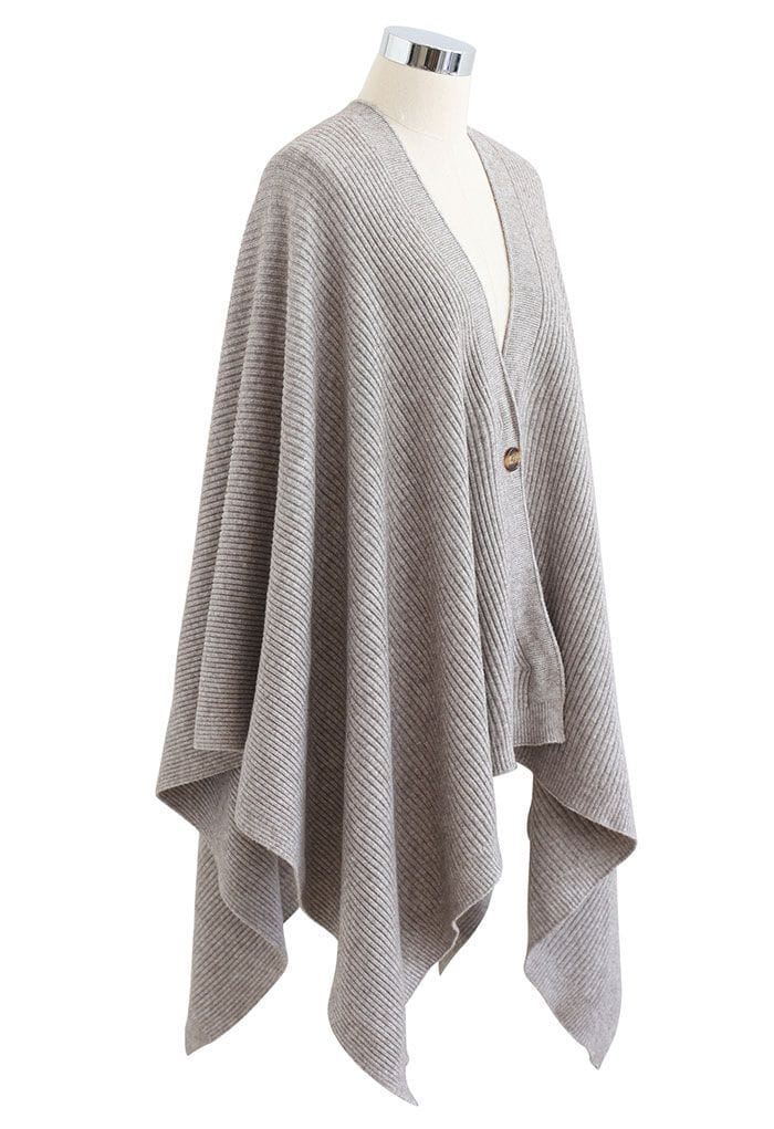 Buttoned Rib Knit Poncho Cape in Taupe
