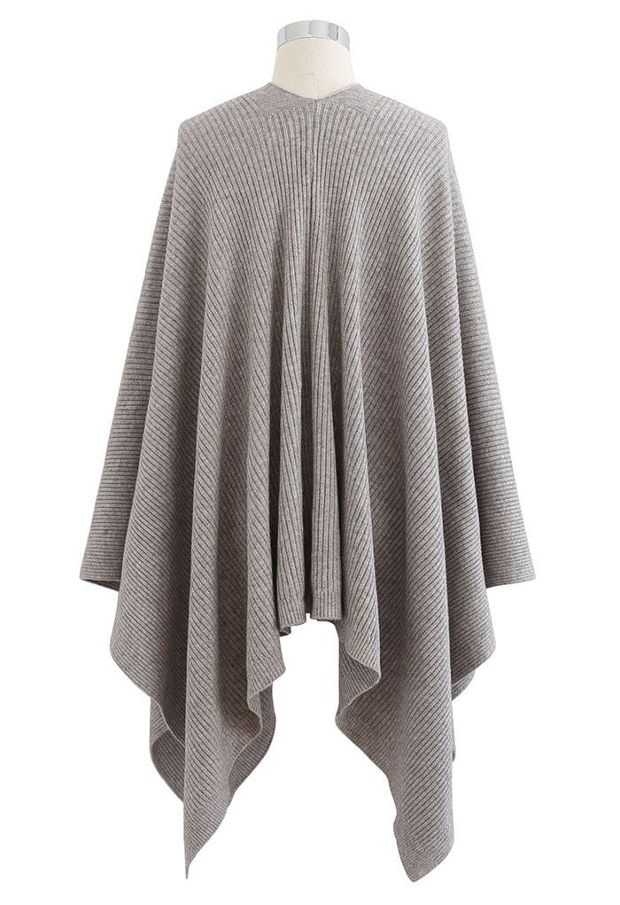 Buttoned Rib Knit Poncho Cape in Taupe