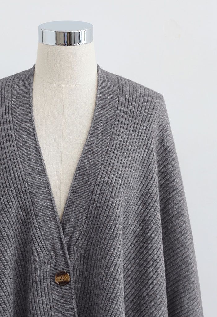 Buttoned Rib Knit Poncho Cape in Grey