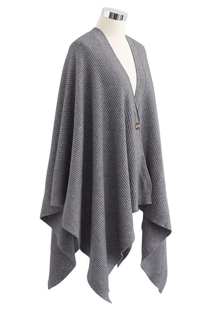 Buttoned Rib Knit Poncho Cape in Grey