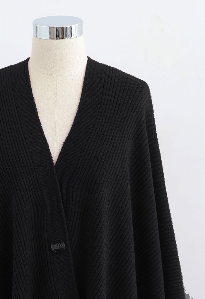 Buttoned Rib Knit Poncho Cape in Black