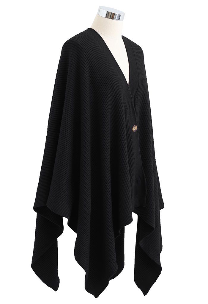Buttoned Rib Knit Poncho Cape in Black