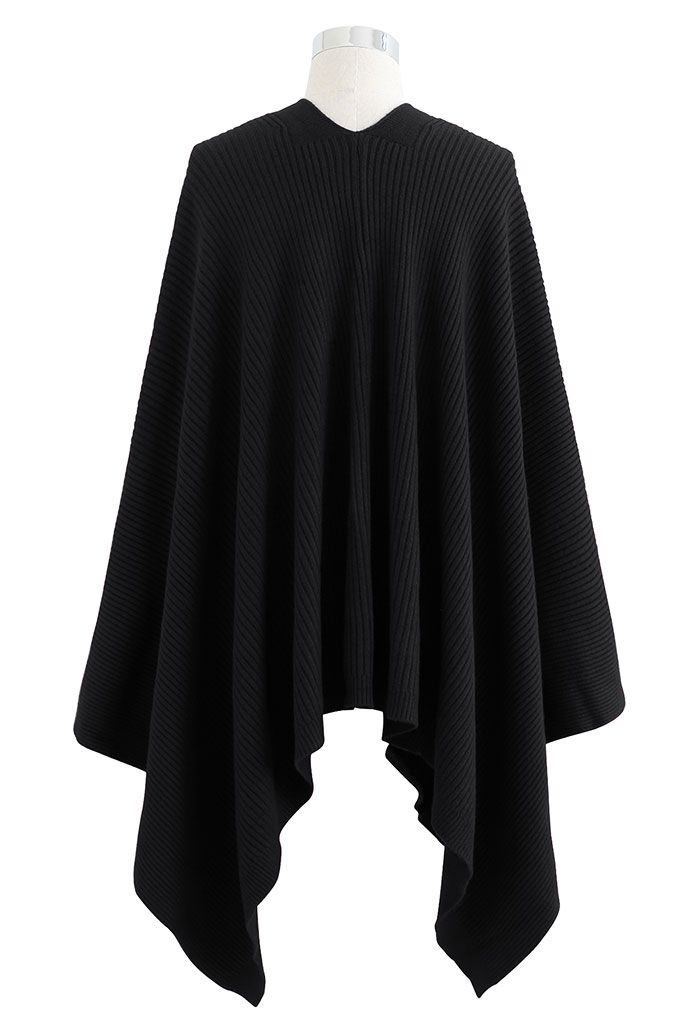 Buttoned Rib Knit Poncho Cape in Black