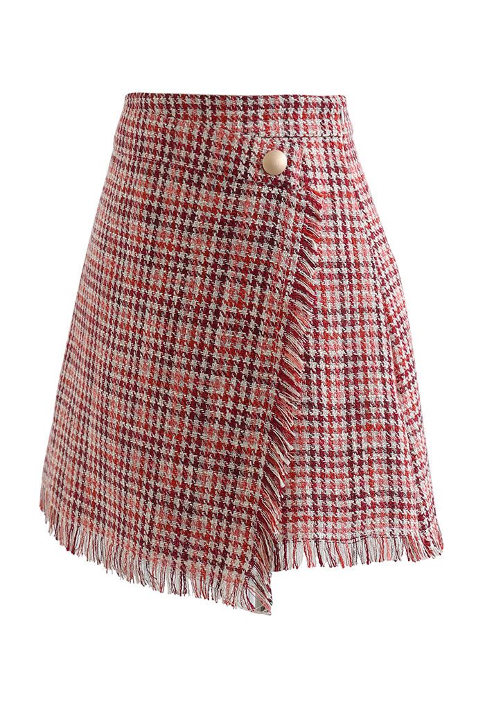 Tasseled Houndstooth Tweed Mini Flap Skirt in Red