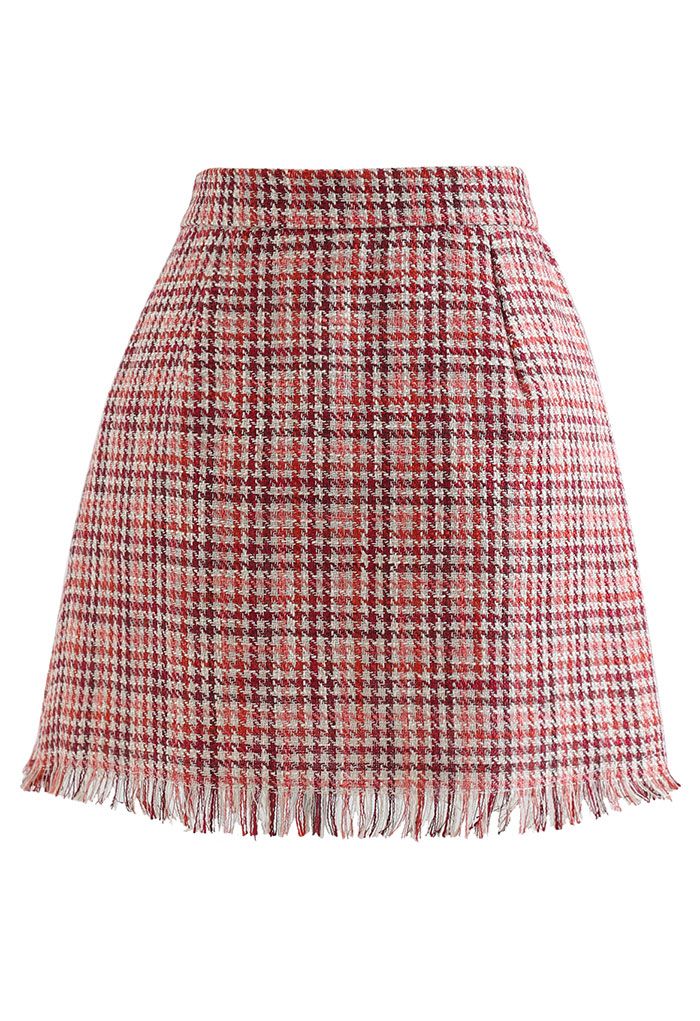 Tasseled Houndstooth Tweed Mini Flap Skirt in Red