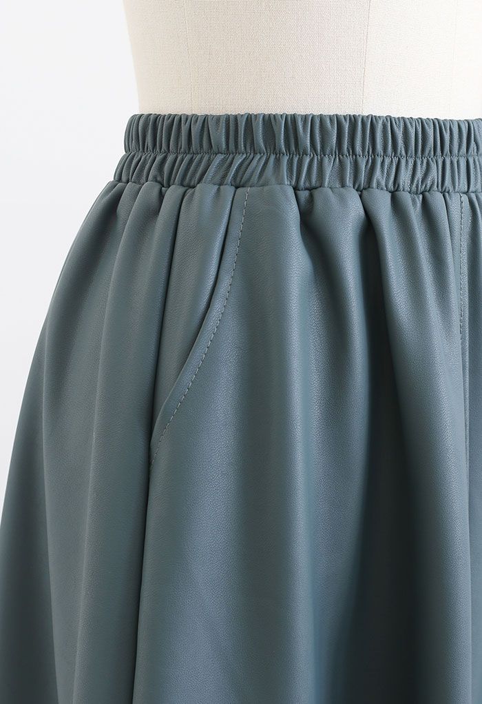 Faux Leather Side Pocket Midi Skirt in Teal