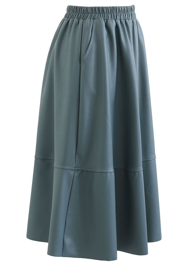 Faux Leather Side Pocket Midi Skirt in Teal