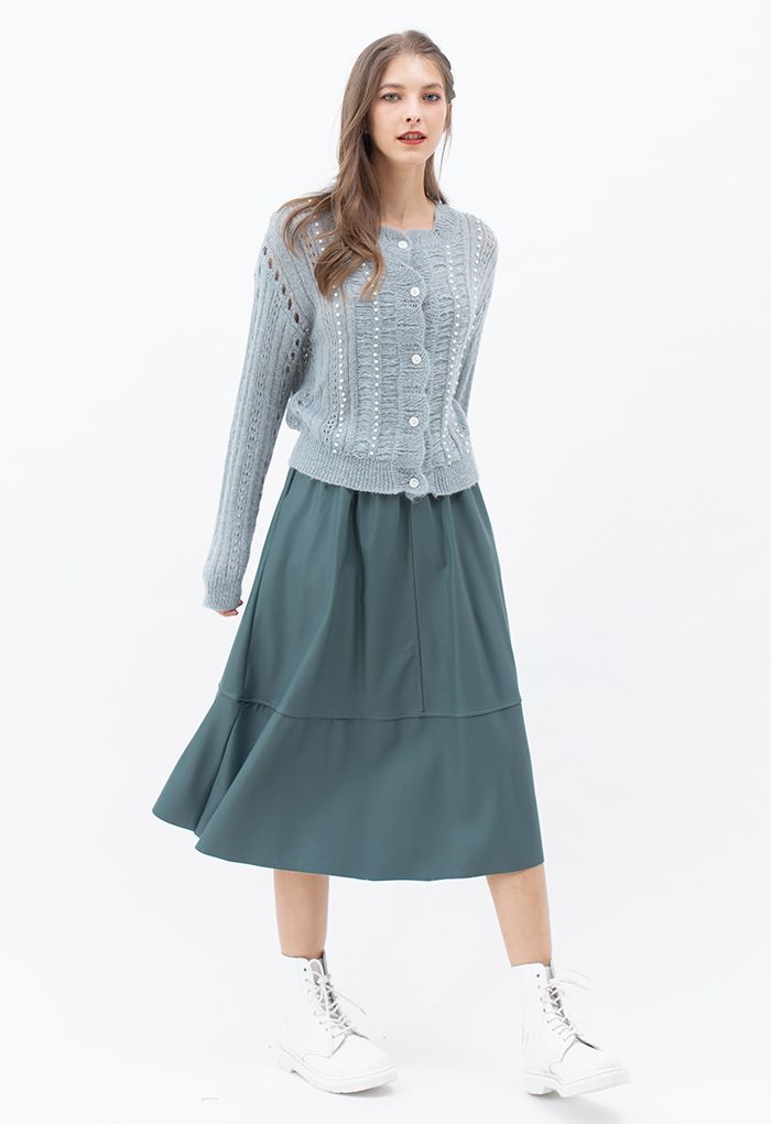 Faux Leather Side Pocket Midi Skirt in Teal