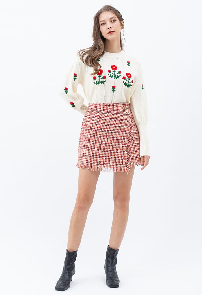 Tasseled Houndstooth Tweed Mini Flap Skirt in Red