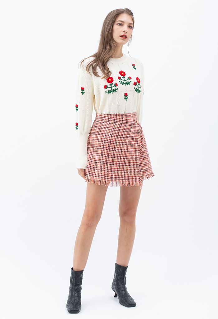Tasseled Houndstooth Tweed Mini Flap Skirt in Red