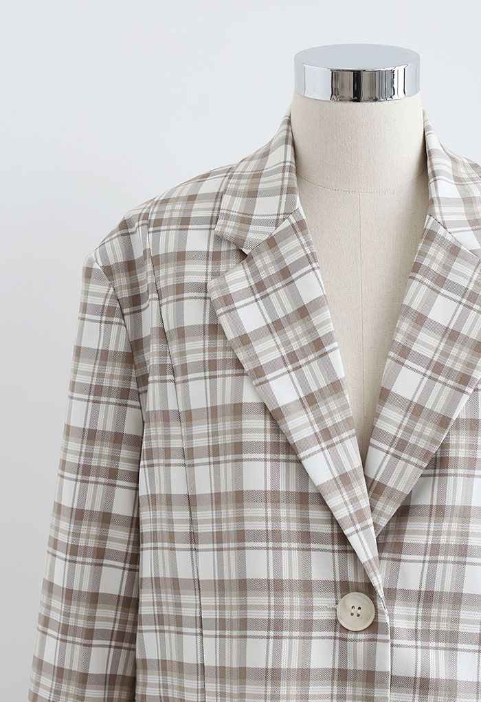 Plaid Single Breasted Buttoned Hem Blazer in Sand