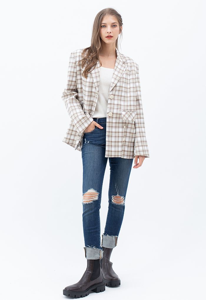 Plaid Single Breasted Buttoned Hem Blazer in Sand