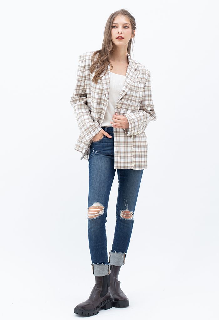 Plaid Single Breasted Buttoned Hem Blazer in Sand
