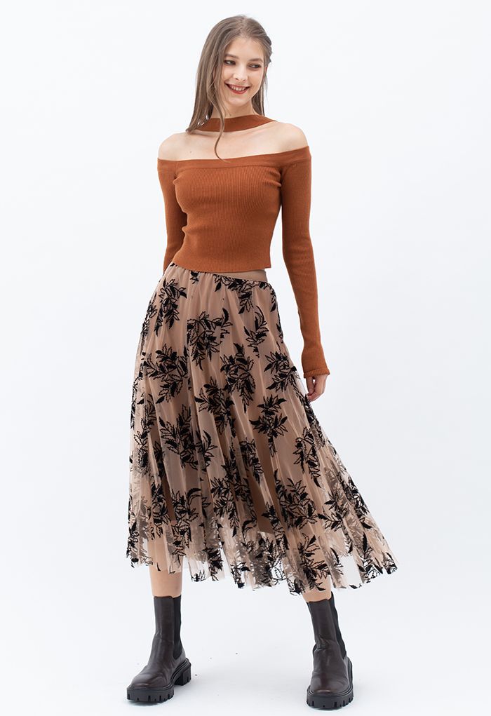 3D Leaf Double-Layered Mesh Tulle Midi Skirt in Caramel