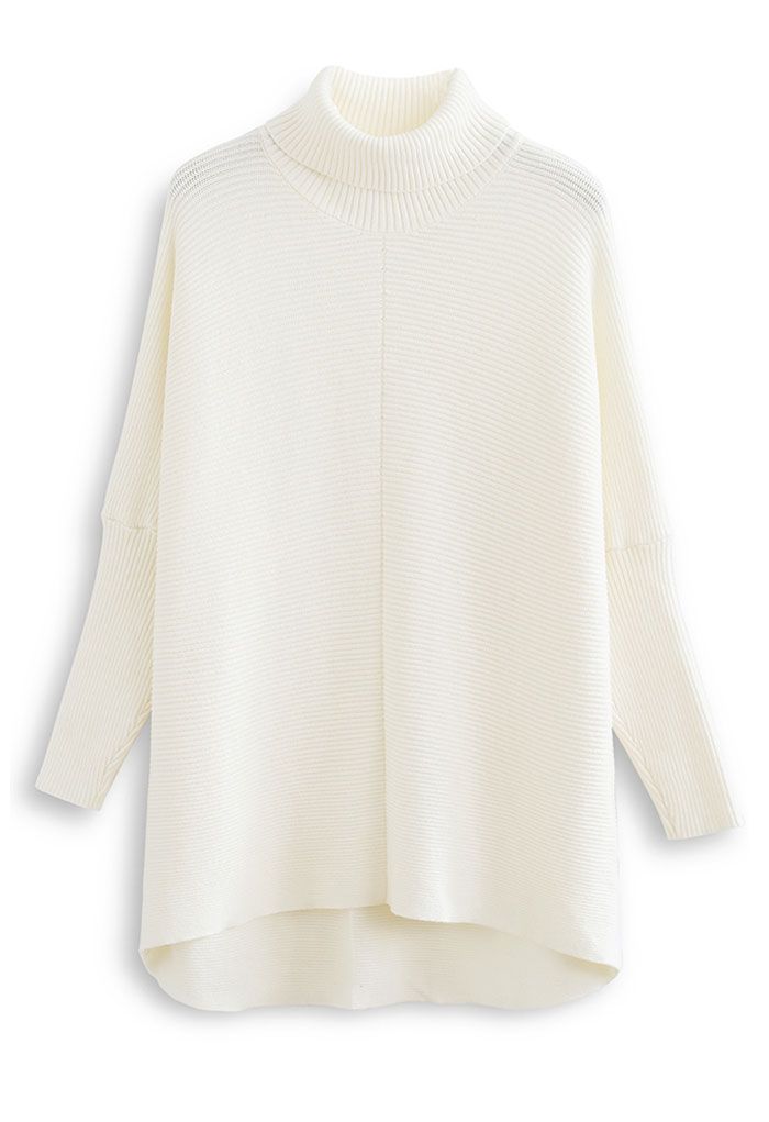 Effortless Chic Turtleneck Batwing Sleeve Hi-Lo Sweater in White