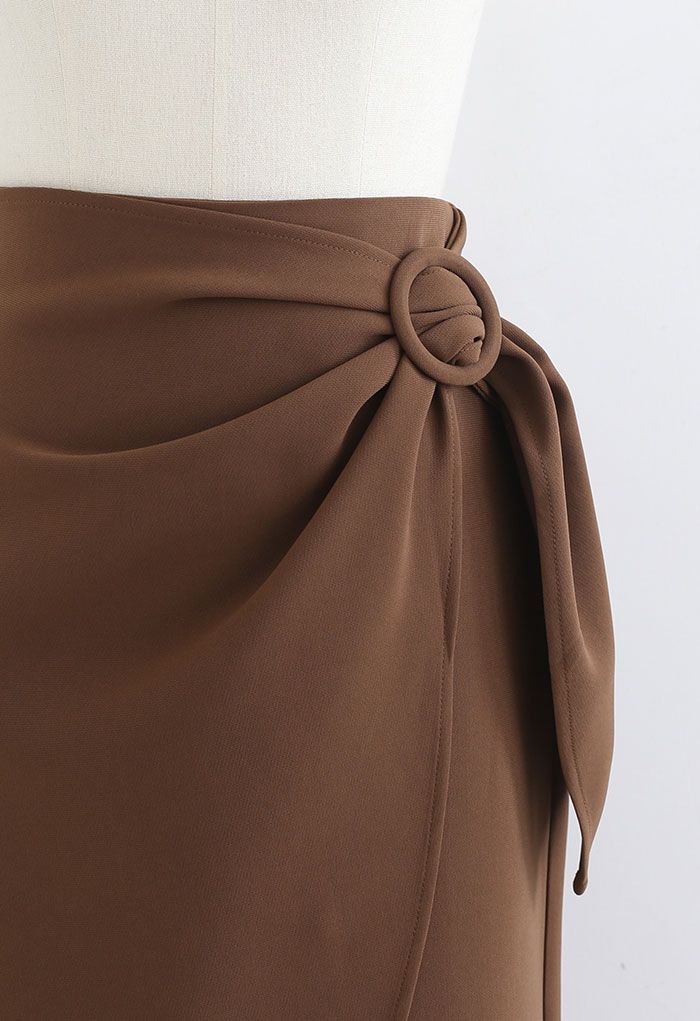 Flap Front Knot Side Midi Petal Skirt in Caramel