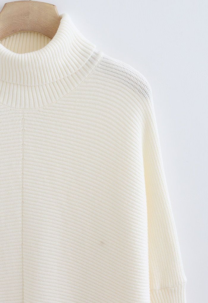 Effortless Chic Turtleneck Batwing Sleeve Hi-Lo Sweater in White