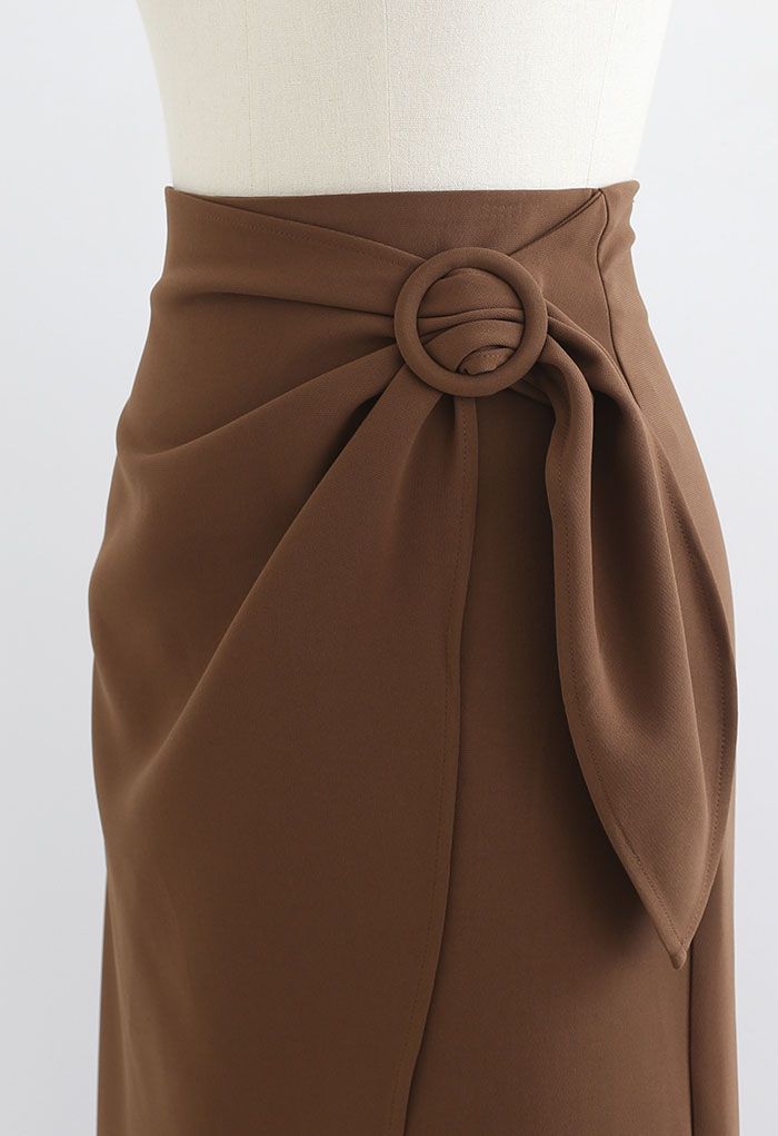 Flap Front Knot Side Midi Petal Skirt in Caramel