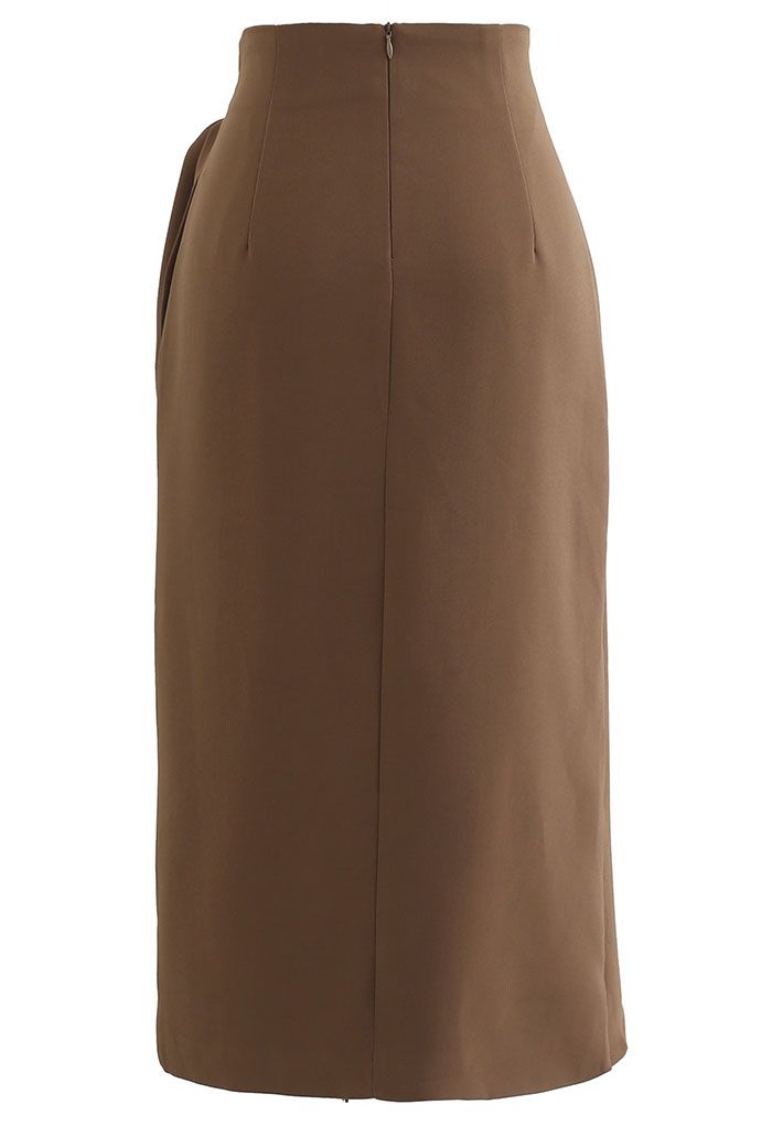 Flap Front Knot Side Midi Petal Skirt in Caramel