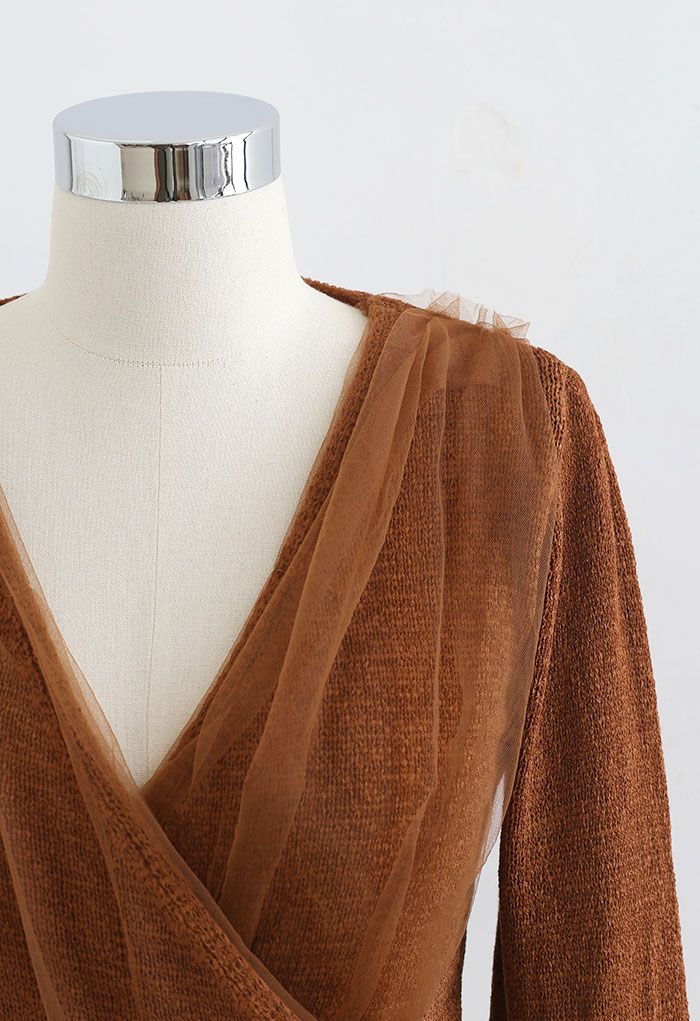 Mesh Overlay Long Sleeve Wrap Crop Knit Top in Caramel