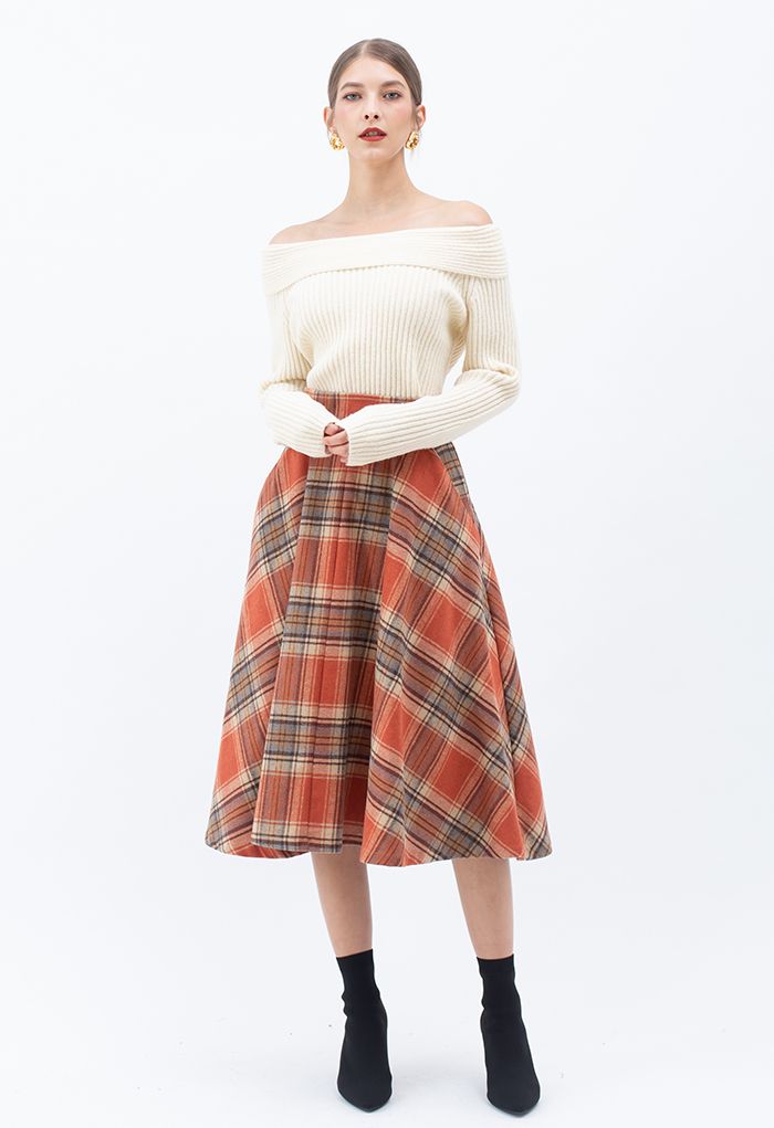 Multicolor Check Print Wool-Blend A-Line Skirt
