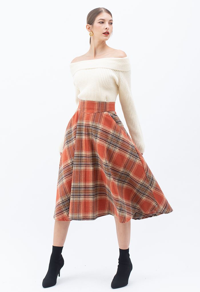 Multicolor Check Print Wool-Blend A-Line Skirt