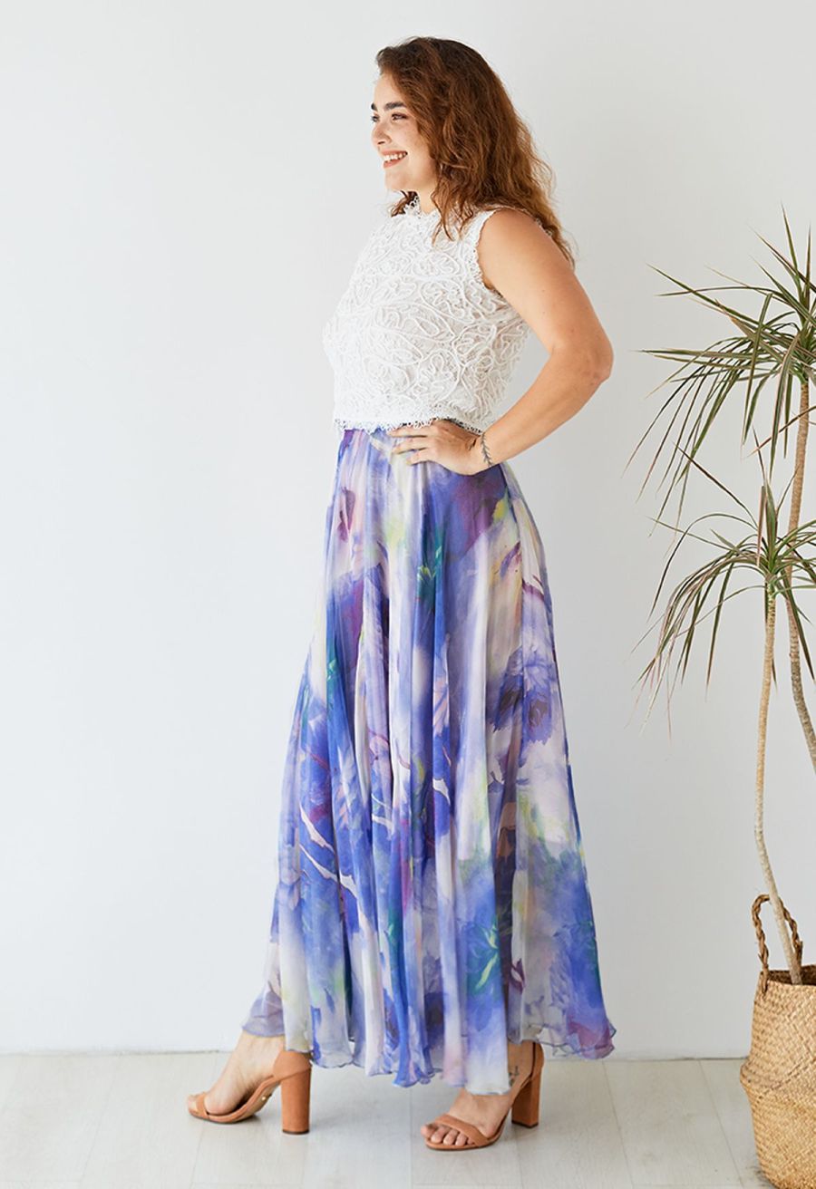 Dancing Watercolor Floral Maxi Skirt in Violet