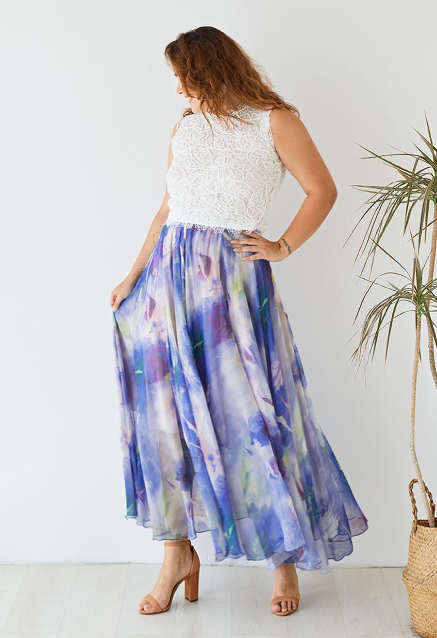 Dancing Watercolor Floral Maxi Skirt in Violet