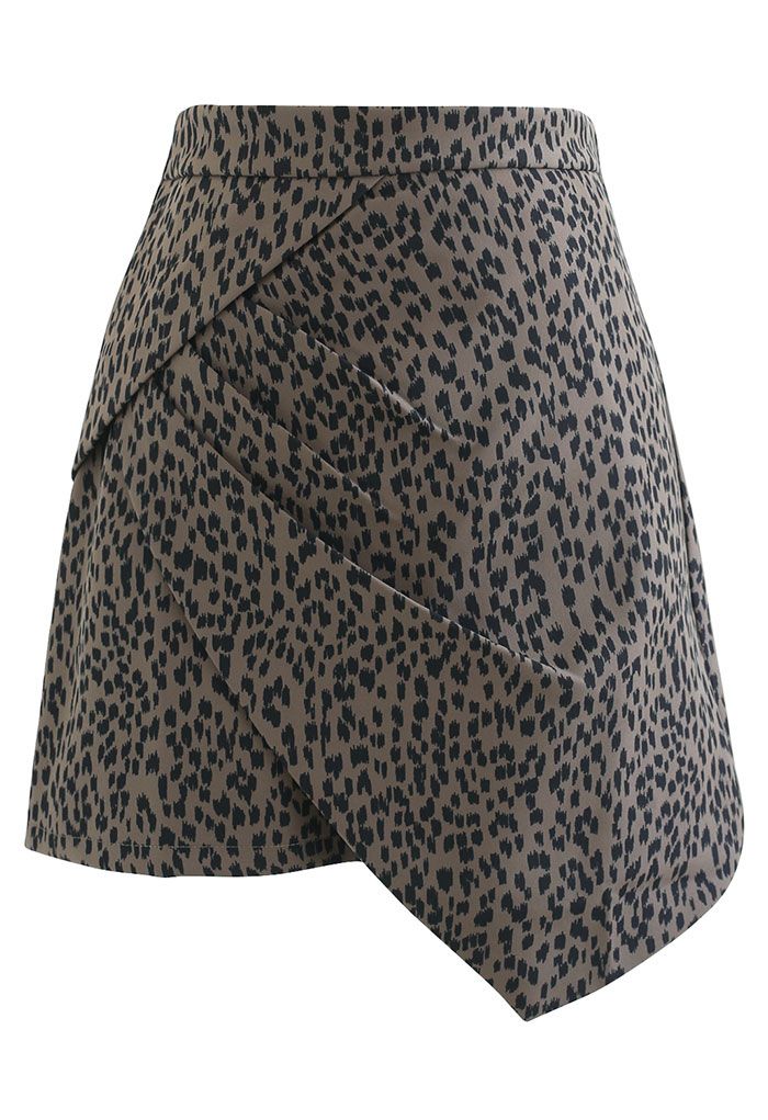 Animal Print Side Pleated Asymmetric Mini Skirt in Brown
