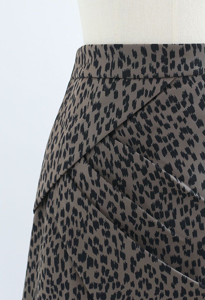 Animal Print Side Pleated Asymmetric Mini Skirt in Brown