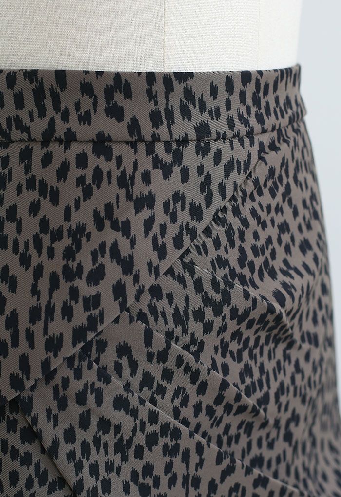 Animal Print Side Pleated Asymmetric Mini Skirt in Brown