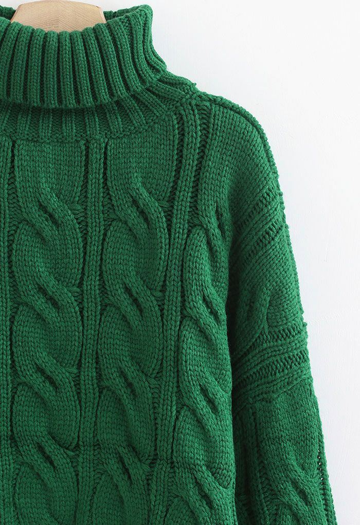 Turtleneck Braid Knit Crop Sweater in Green