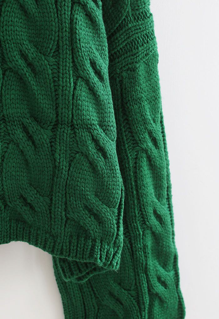 Turtleneck Braid Knit Crop Sweater in Green