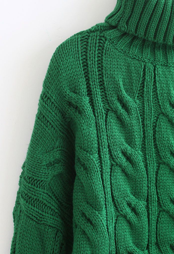 Turtleneck Braid Knit Crop Sweater in Green