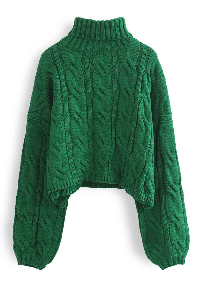 Turtleneck Braid Knit Crop Sweater in Green
