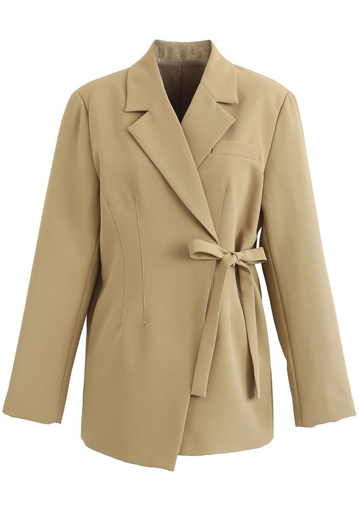 Self-Tie Front Pad Shoulder Blazer in Camel