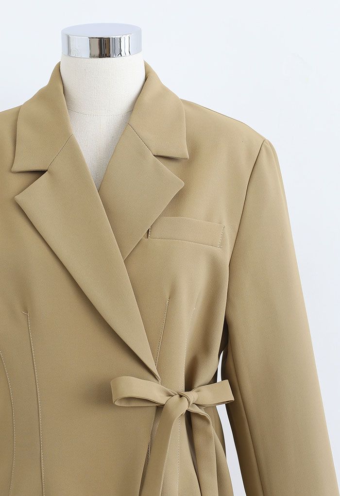 Self-Tie Front Pad Shoulder Blazer in Camel