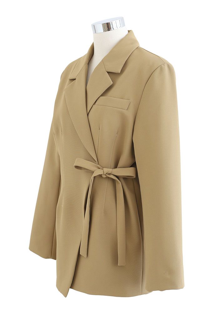 Self-Tie Front Pad Shoulder Blazer in Camel