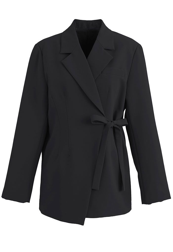 Self-Tie Front Pad Shoulder Blazer in Black