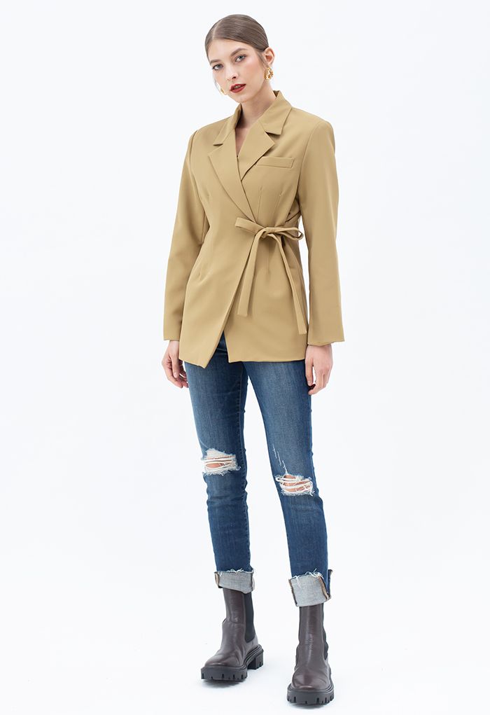 Self-Tie Front Pad Shoulder Blazer in Camel