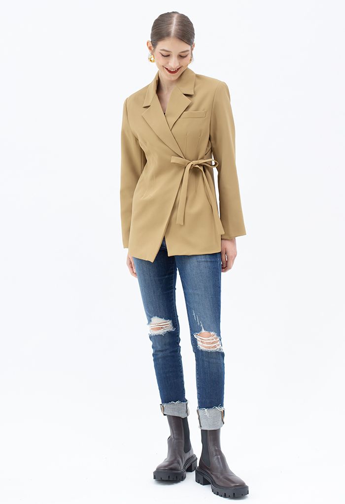 Self-Tie Front Pad Shoulder Blazer in Camel